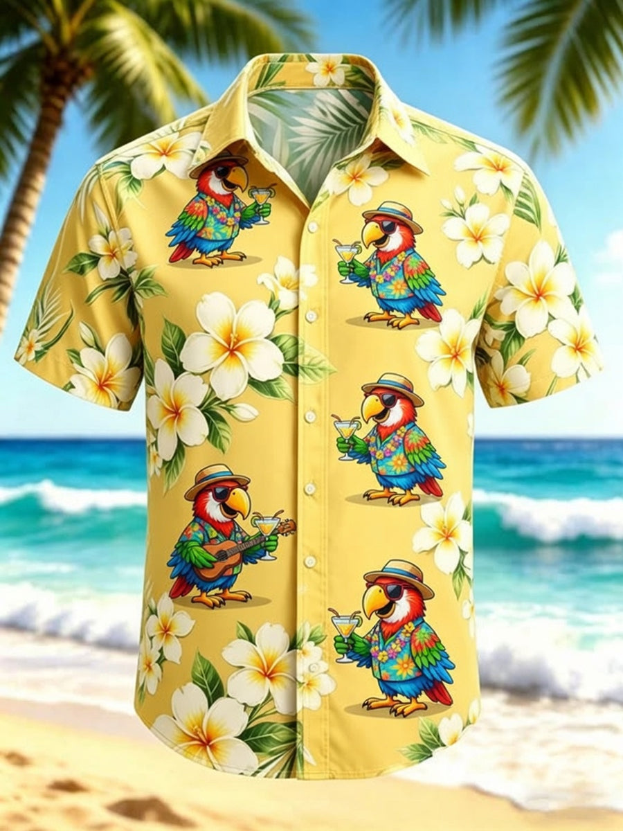 Men's Tropical Botanical Parrot Print Casual Short Sleeve Shirt