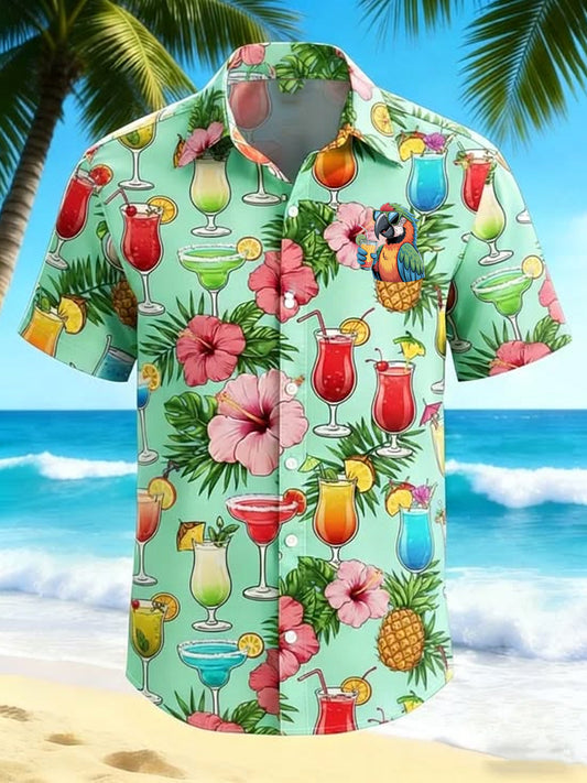 Men's Tropical Botanical Parrot Print Casual Short Sleeve Shirt
