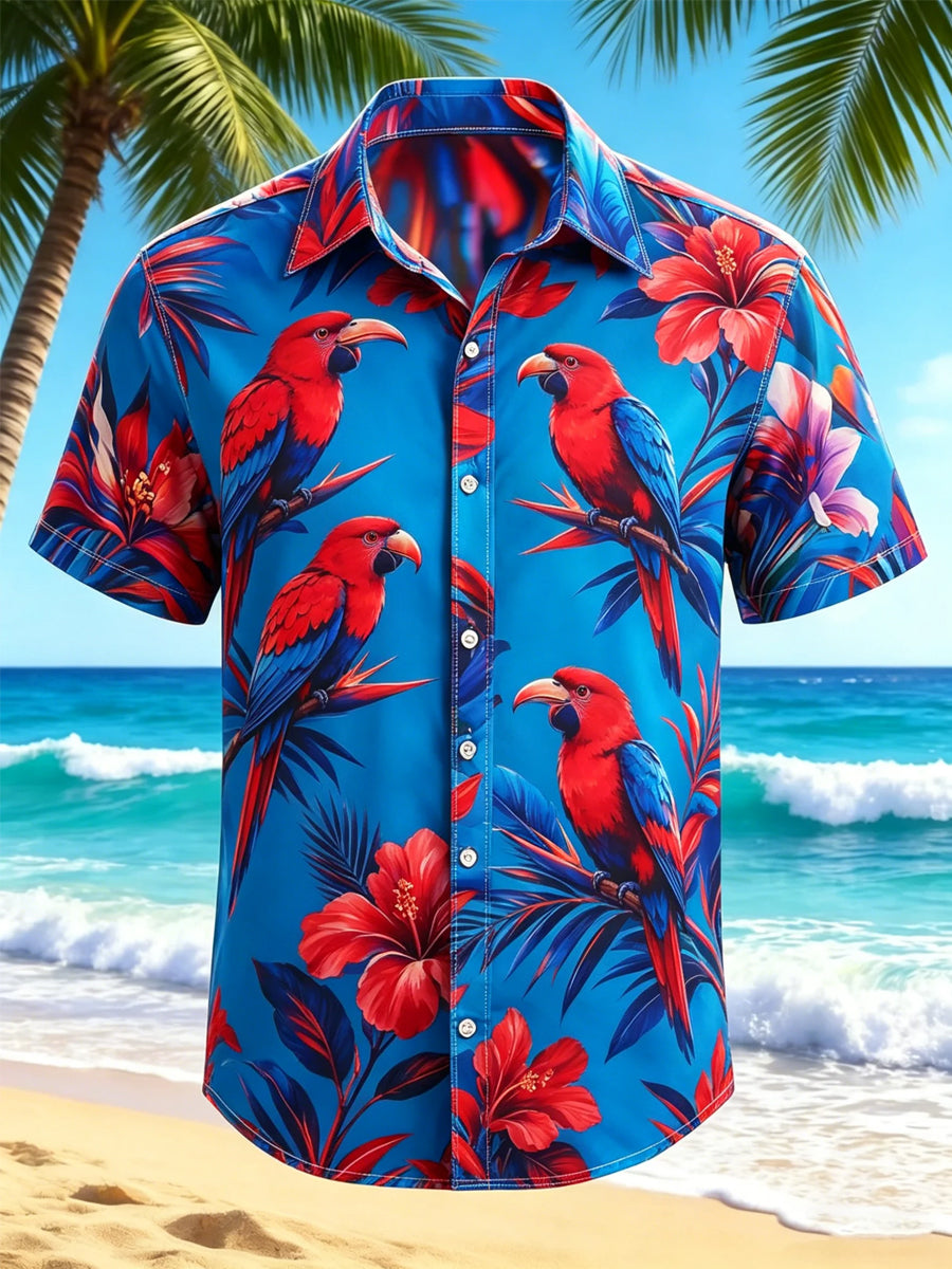 Men's Tropical Botanical Parrot Print Casual Short Sleeve Shirt