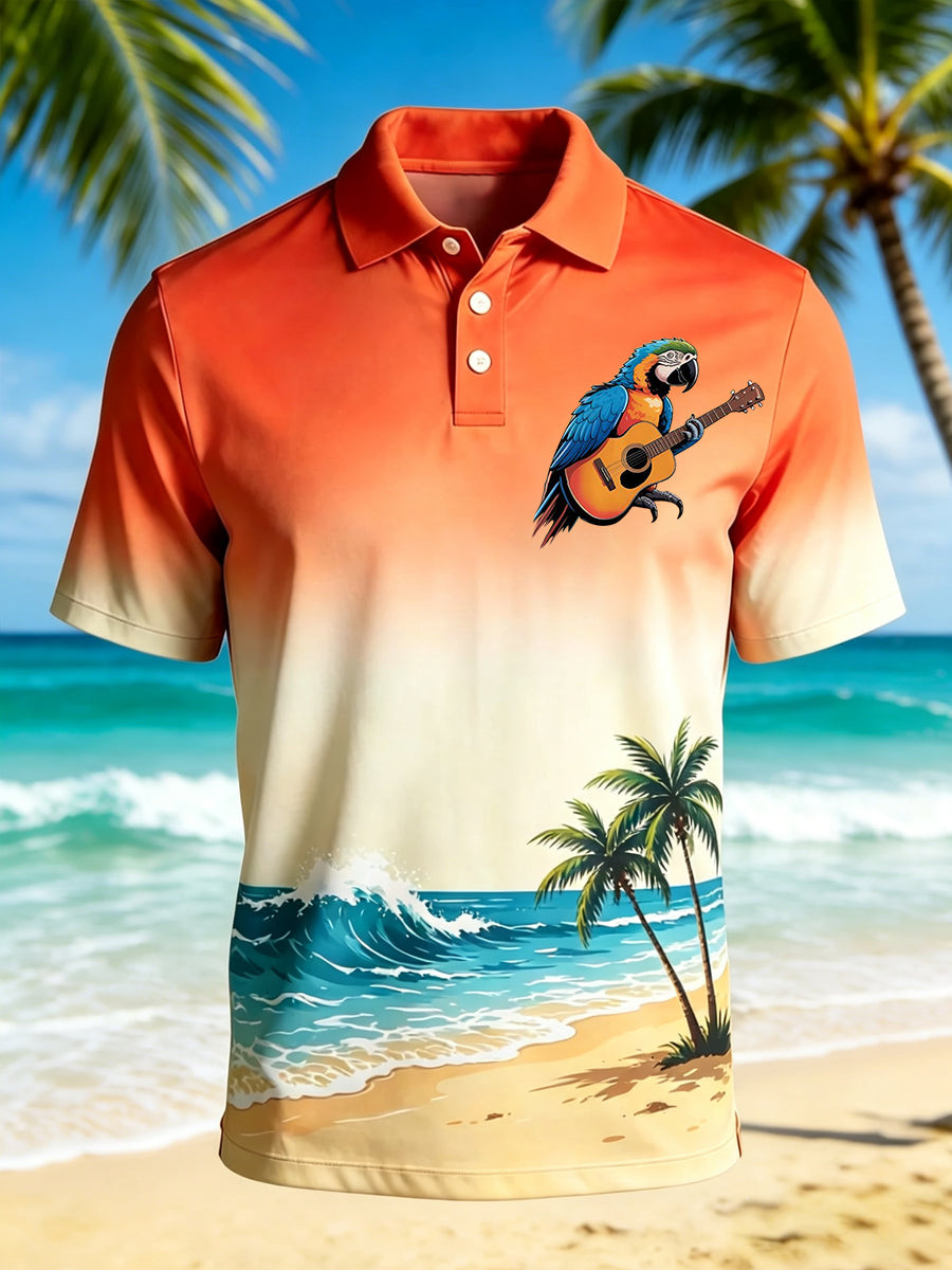 Men's Tropical Botanical Parrot Print Casual Polo