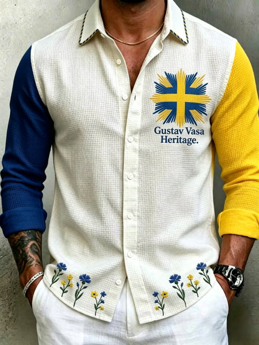 Men's Retro Swedish Midsummer Folk Floral Waffle Long-Sleeve Shirt