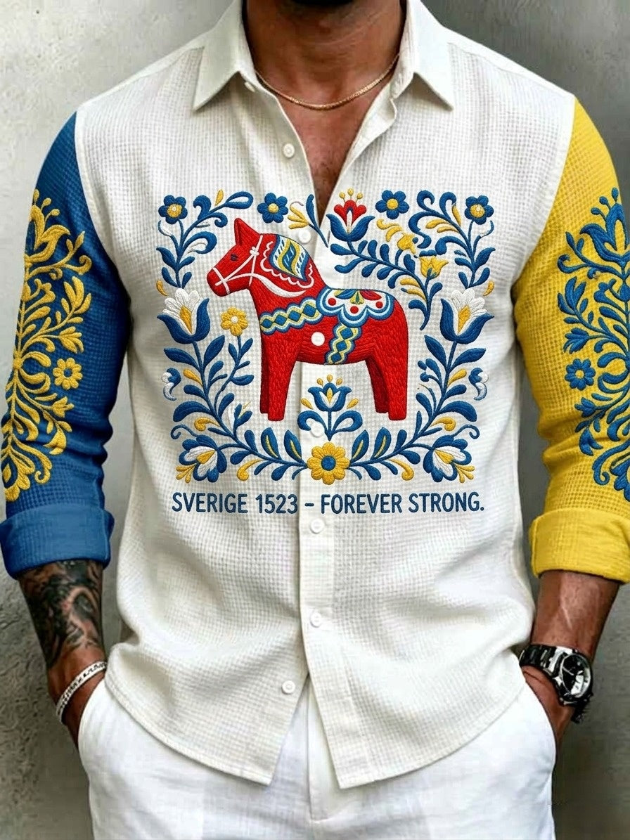 Men's Retro Swedish Midsummer Folk Floral Waffle Long-Sleeve Shirt