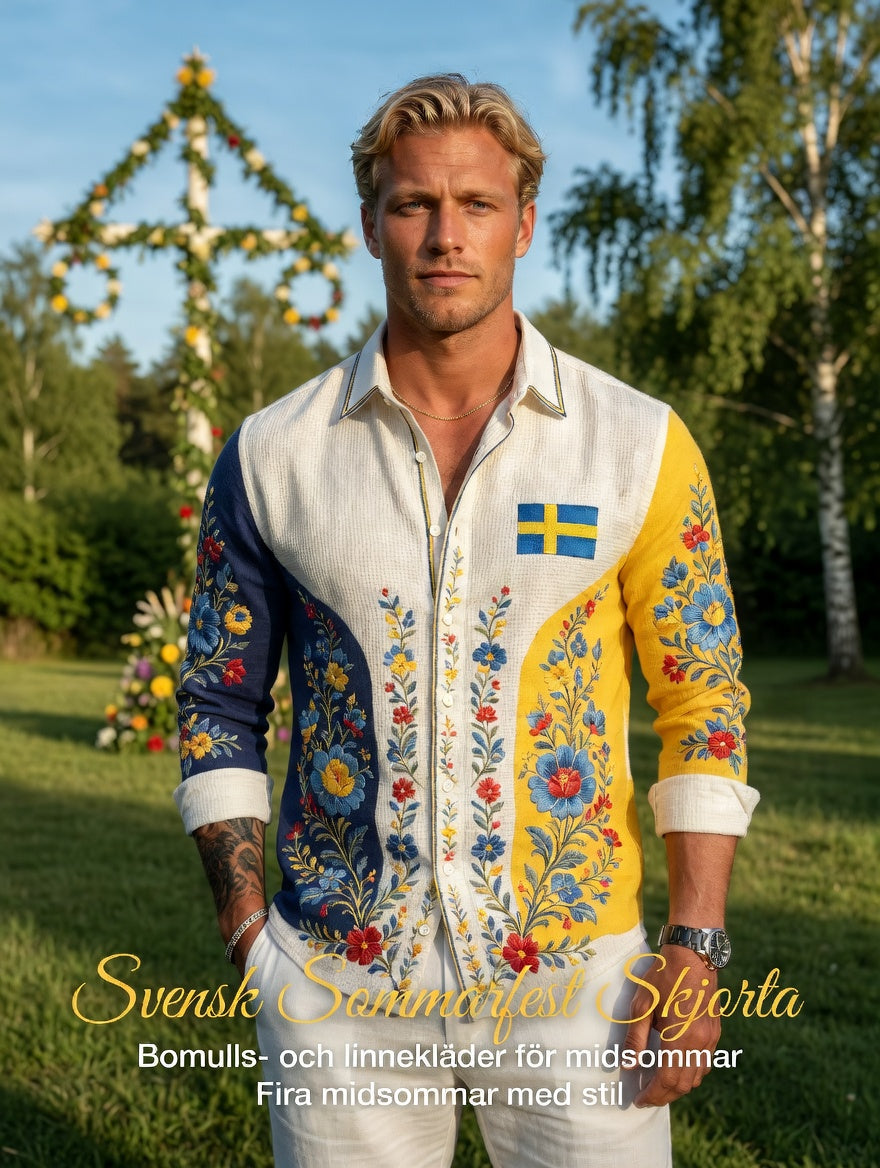 Men's Retro Swedish Midsummer Folk Floral Waffle Long-Sleeve Shirt