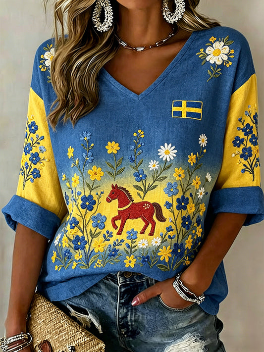 Women's Midsummer Floral Gradient V-Neck Top