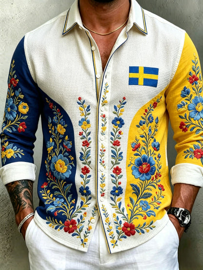 Men's Retro Swedish Midsummer Folk Floral Waffle Long-Sleeve Shirt