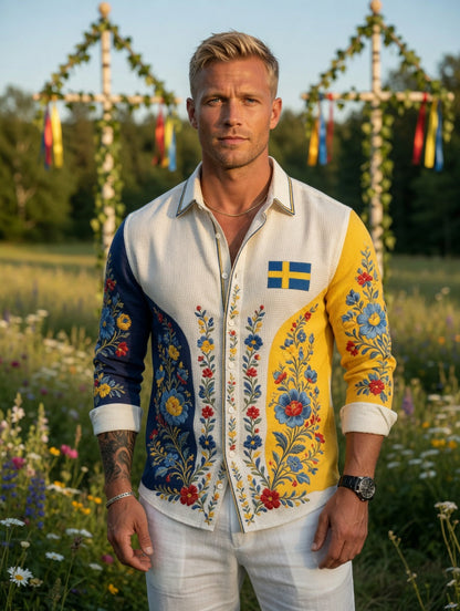 Men's Retro Swedish Midsummer Folk Floral Waffle Long-Sleeve Shirt