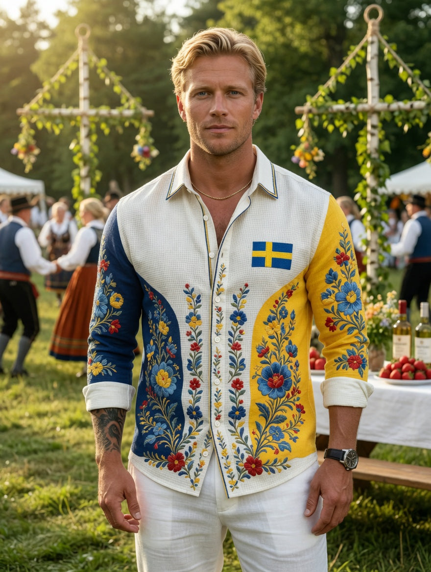 Men's Retro Swedish Midsummer Folk Floral Waffle Long-Sleeve Shirt
