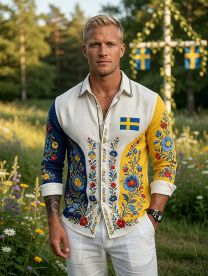 Men's Retro Swedish Midsummer Folk Floral Waffle Long-Sleeve Shirt