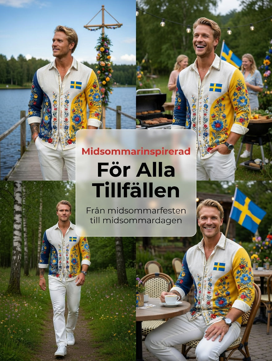 Men's Retro Swedish Midsummer Folk Floral Waffle Long-Sleeve Shirt