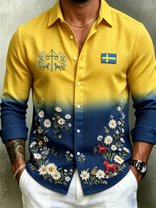 Men's Retro Swedish Midsummer Folk Floral Waffle Long-Sleeve Shirt