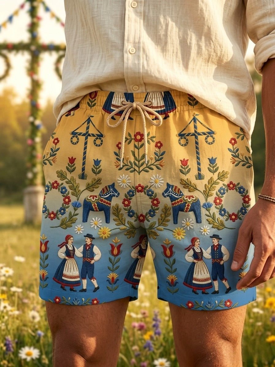 Men's Retro Swedish Midsummer Folk Floral Cotton-Linen Short Pants