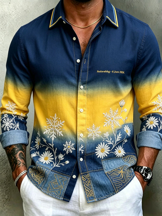 Men's Retro Swedish Midsummer Folk Floral Long-Sleeve Shirt
