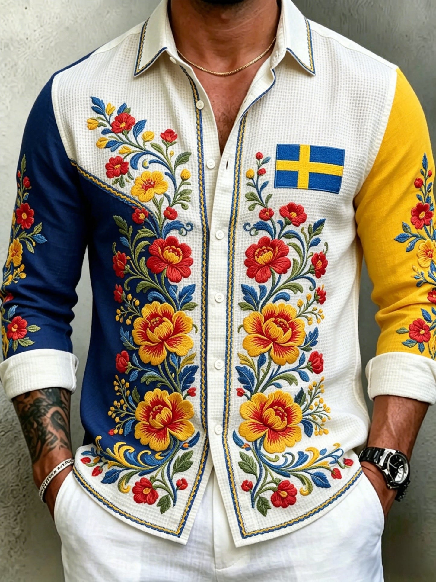 Men's Retro Swedish Midsummer Folk Floral Waffle Long-Sleeve Shirt