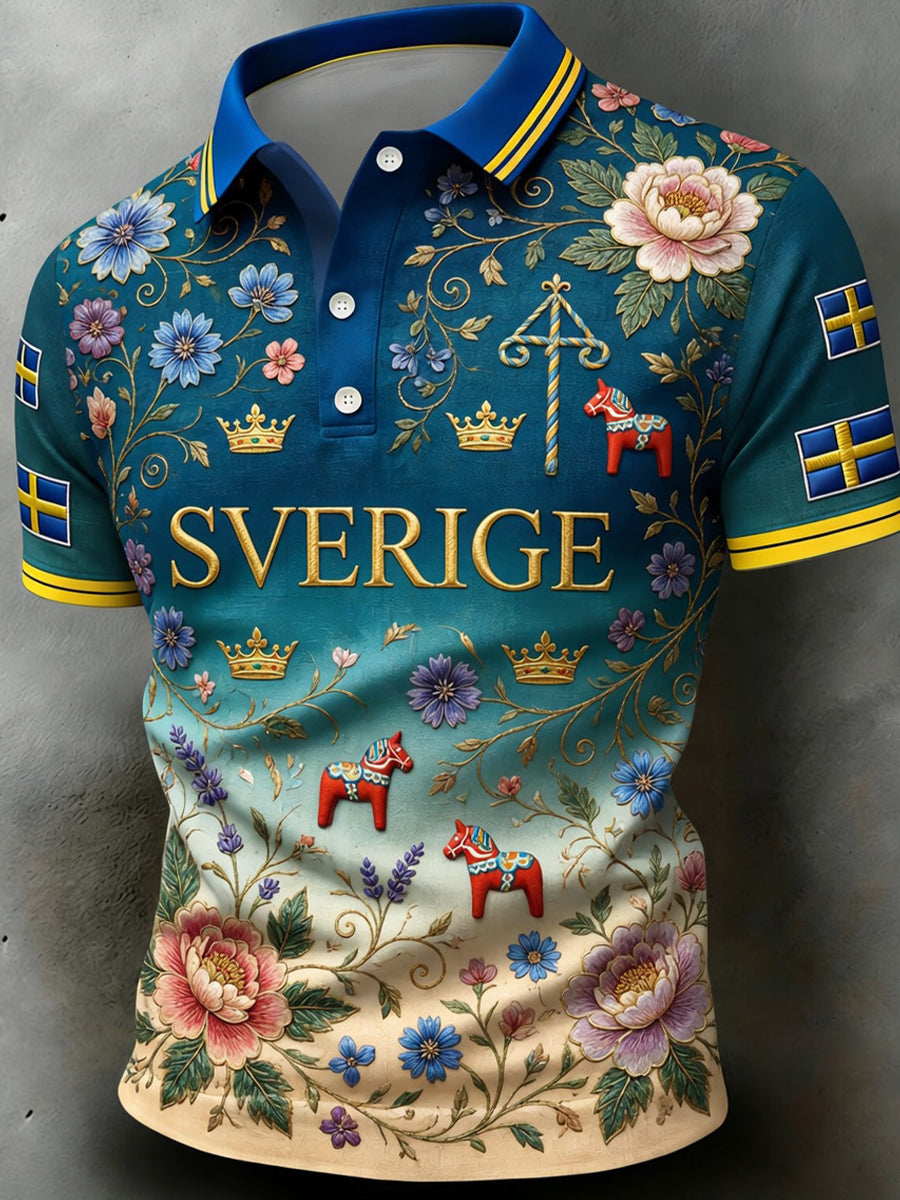 Men's Retro Swedish Art Print Casual Polo Shirt