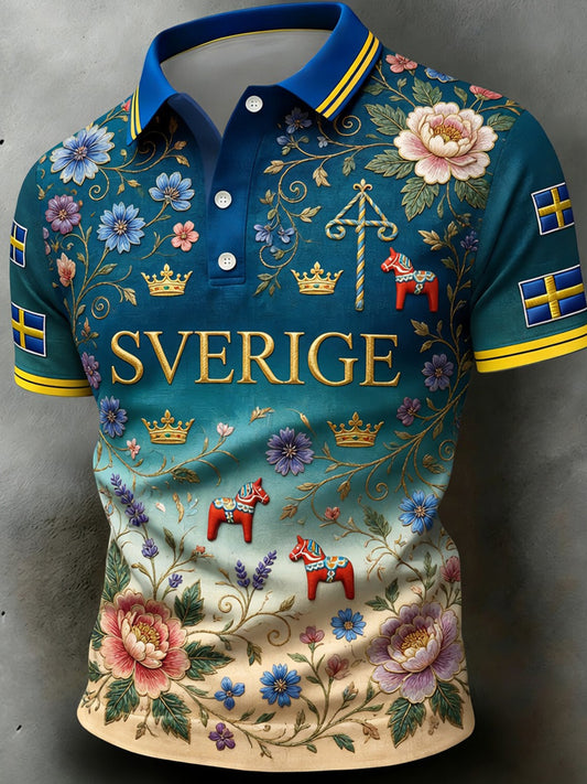 Men's Retro Swedish Art Print Casual Polo Shirt