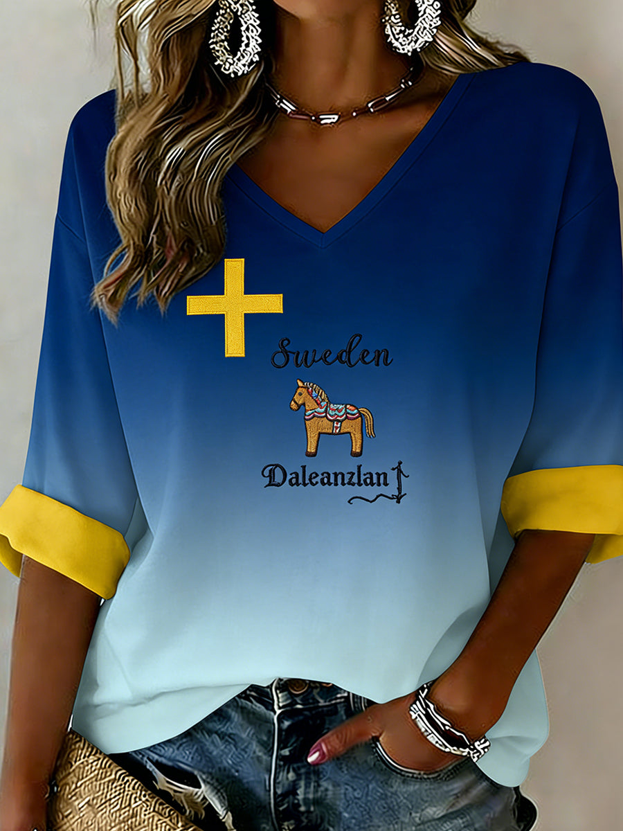 Women's Retro Swedish Art Print Casual Top