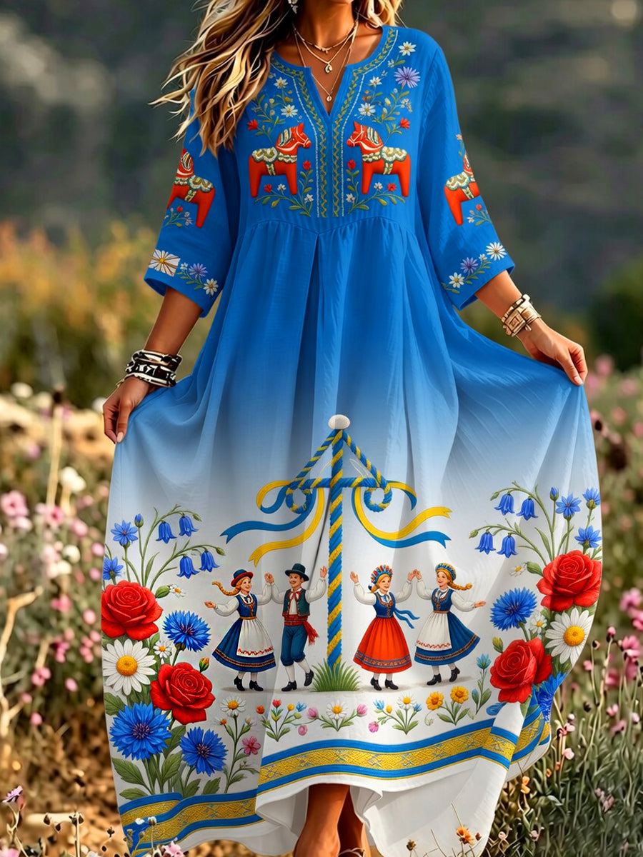 Women's Retro Swedish Art Print Casual Cotton Linen Dress