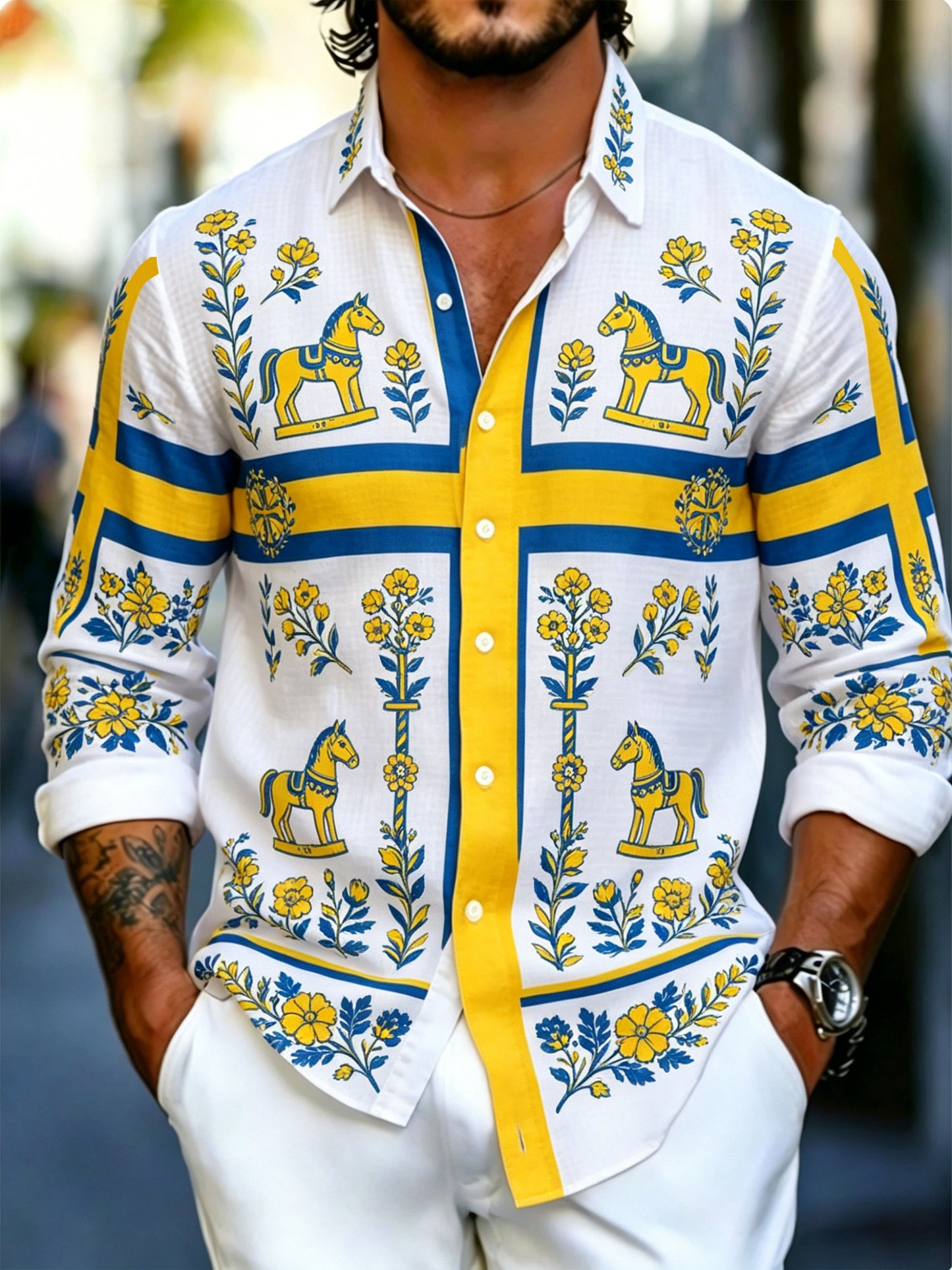 Men's Swedish Midsummer Festival Commemorative Art Print Long-Sleeve Shirt