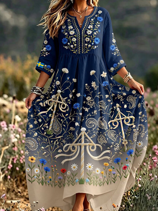 Women's Retro Swedish Art Print Casual Cotton Linen Dress
