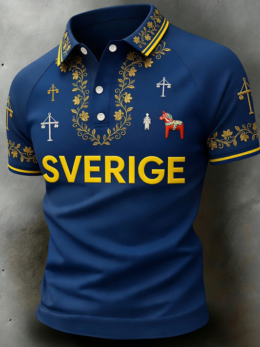 Men's Retro Swedish Art Print Casual Polo Shirt