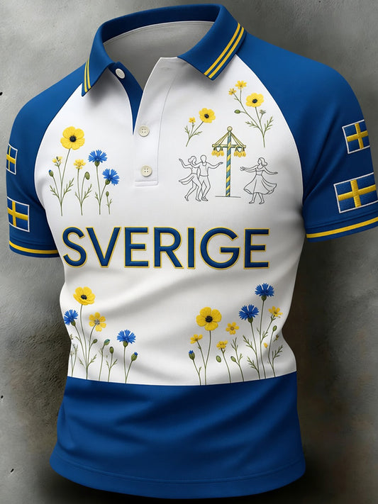 Men's Retro Swedish Art Print Casual Polo Shirt