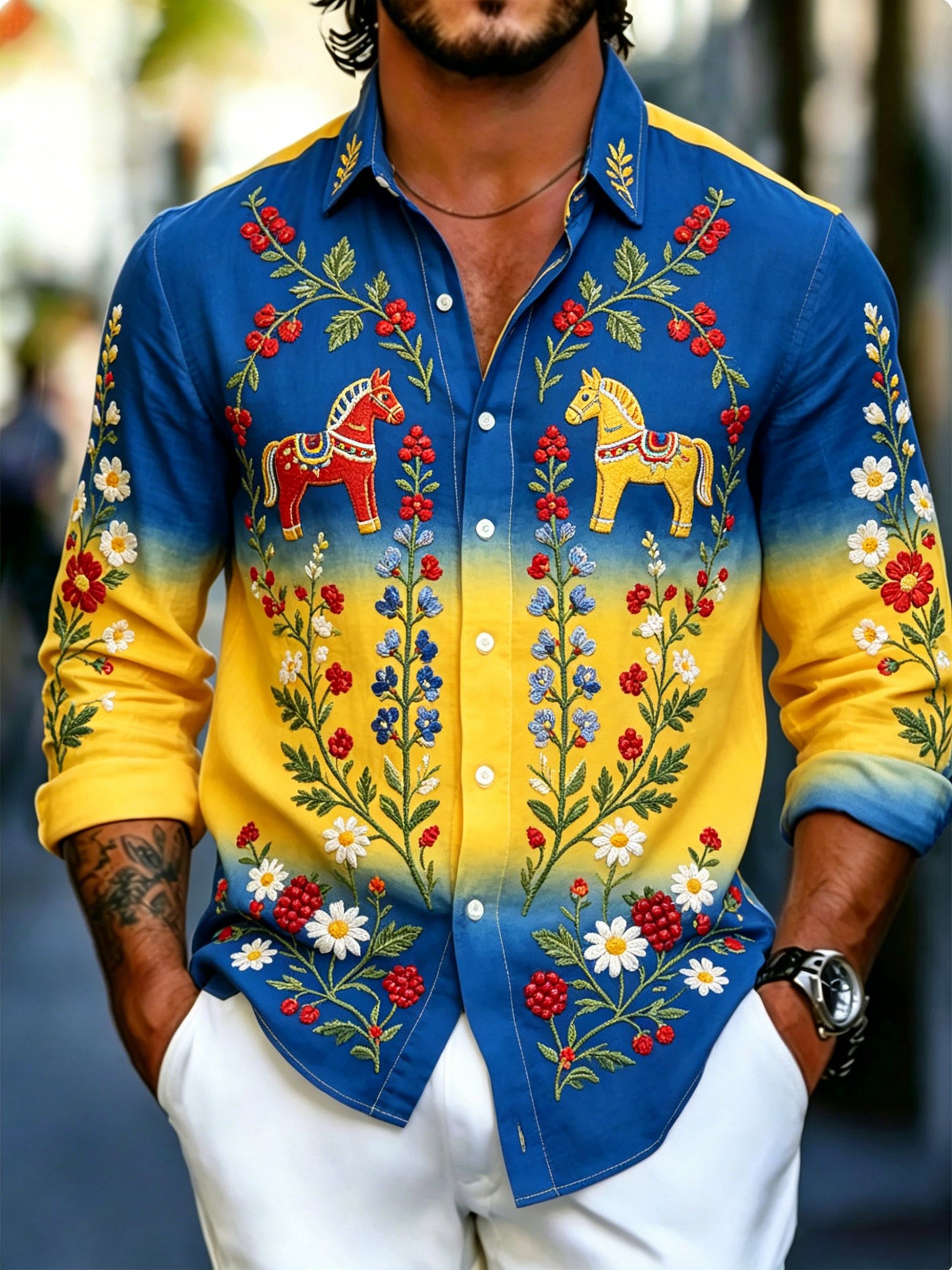 Men's Swedish Midsummer Festival Commemorative Art Print Long-Sleeve Shirt