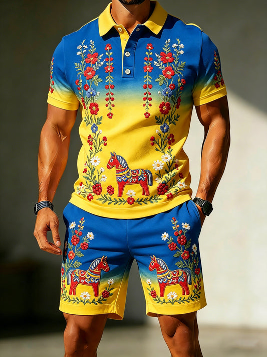 Men's Swedish Midsummer Festival Commemorative Art Print Polo Suit