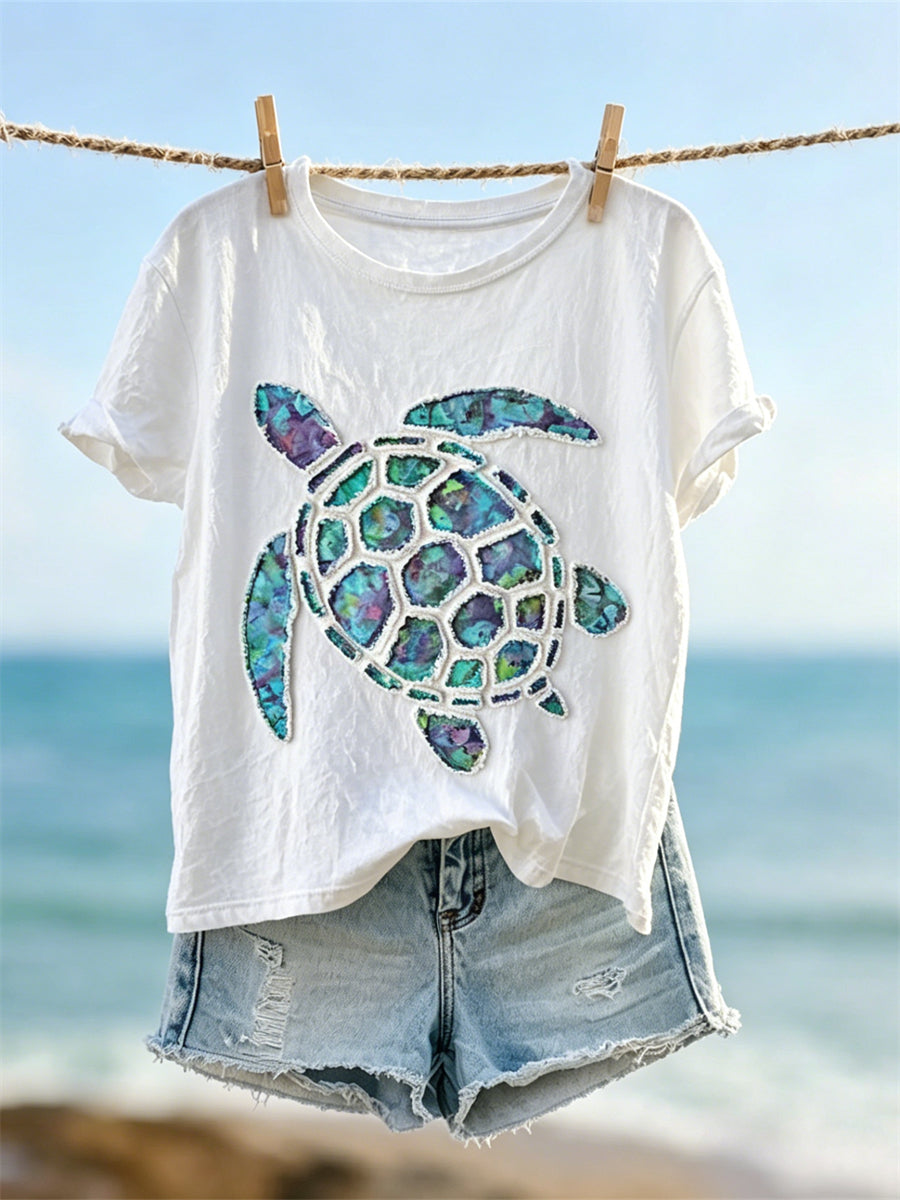 Women's Sea Turtle Frayed Fiber Art Print short-sleeved T-shirt