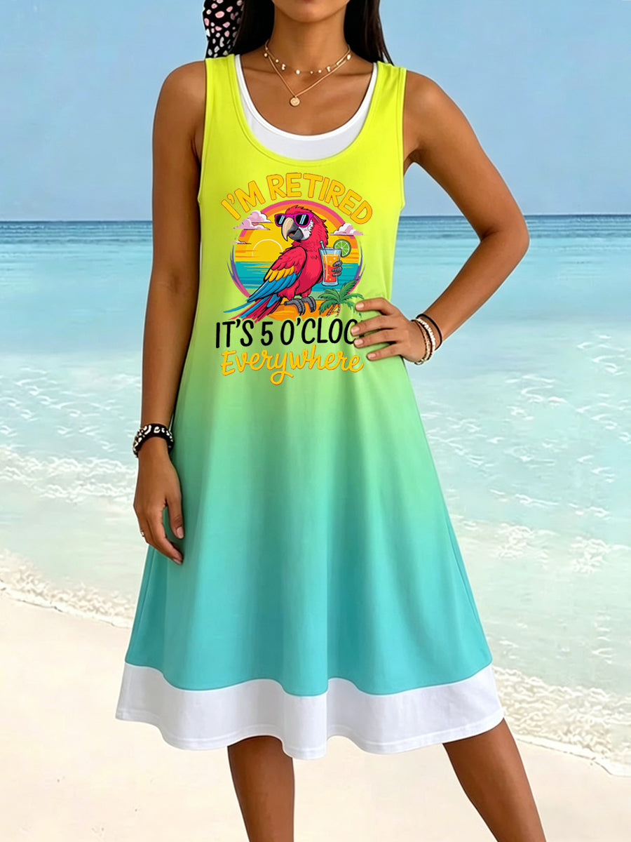 Women's I'm Retired It's 5 O'clock Everywhere Parrot Print Casual Fake Two Piece Midi Dress