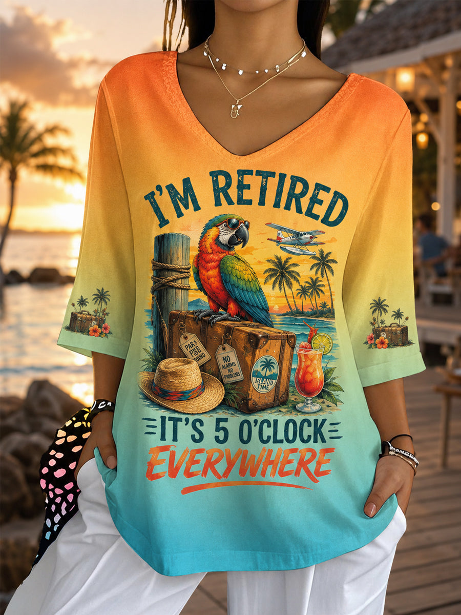Women's I'm Retired It's 5 O'clock Everywhere Parrot Print Casual Half-Sleeve Top