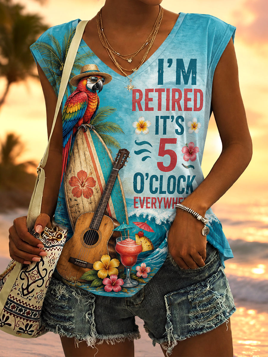 Women's I'm Retired It's 5 O'clock Everywhere Parrot Print Casual Vest
