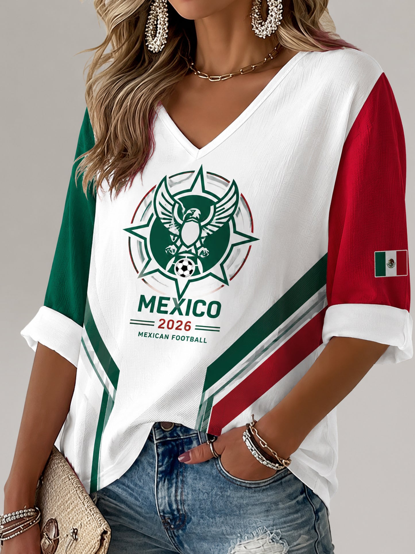 Women's Mexican Football Match Cheering Element Art Print V-Neck Top