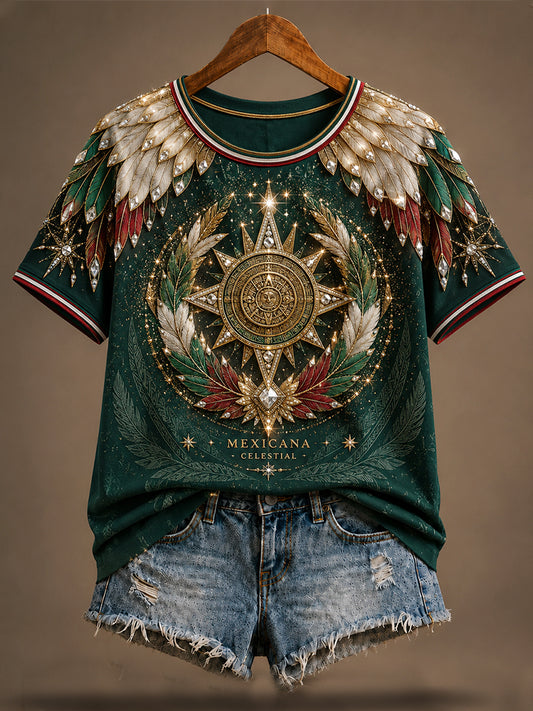 Women's Mexico Football Lover Art Printed Linen T-shirt