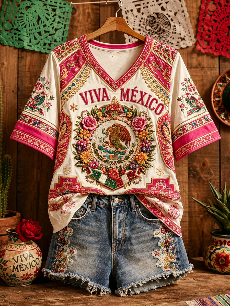 Women's Mexico Pride Art Printed Linen T-shirt