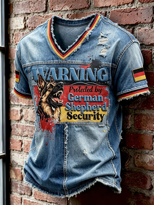 Men’s German Flag German Shepherd Denim Patchwork Print Casual T-shirt