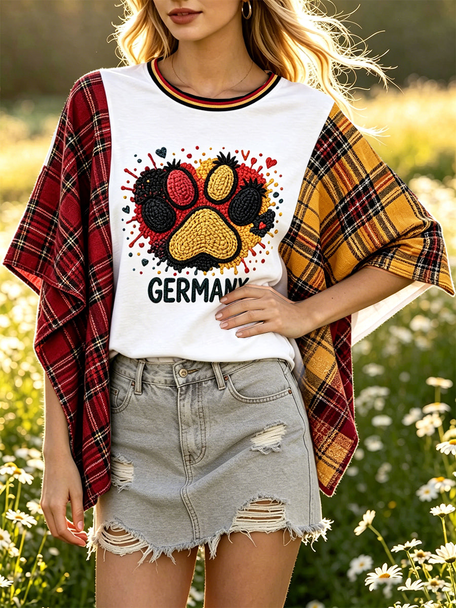 Women’s Retro German Checked Patchwork Print Relaxed-Fit Batwing-Sleeve T-shirt
