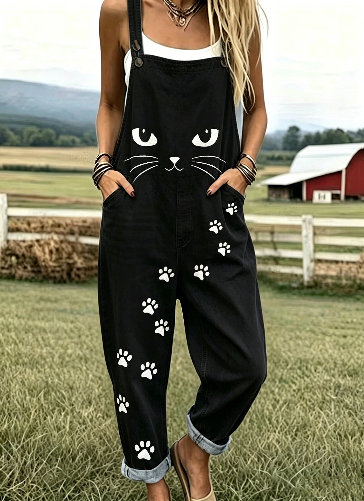 Women's Vintage  Animal Cat Print Casual Strap Pants