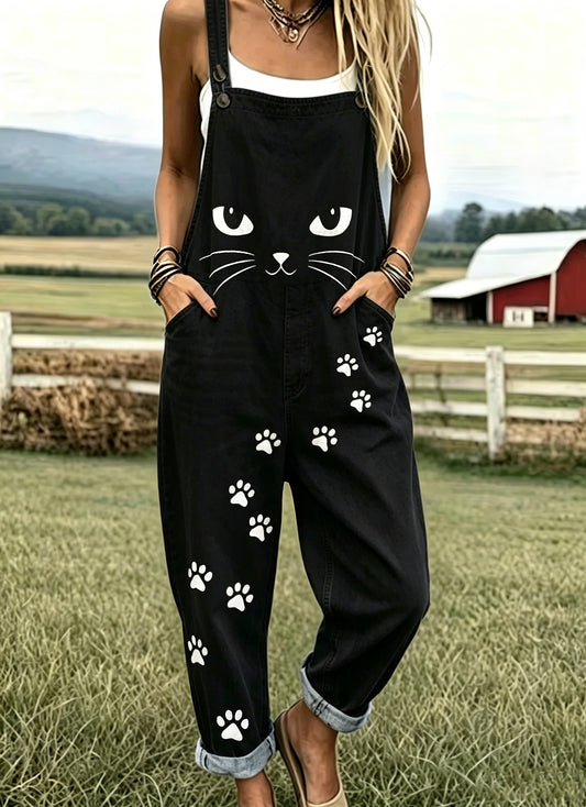 Women's Vintage  Animal Cat Print Casual Strap Pants