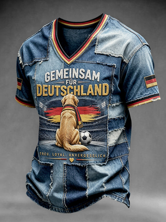 Men’s German Flag and Cow Print Patchwork Casual V-neck T-shirt