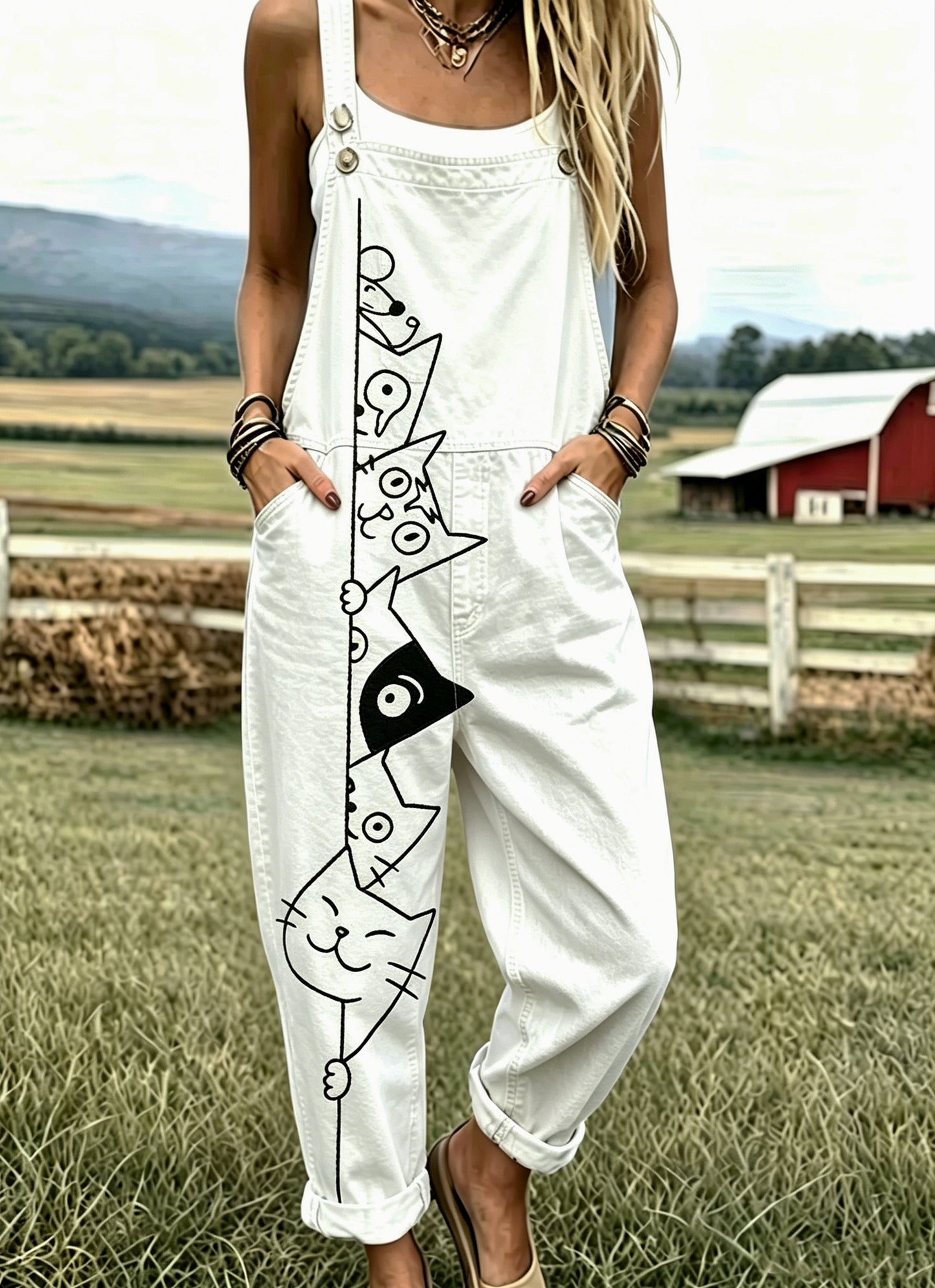 Women's Vintage  Animal Cat Print Casual Strap Pants