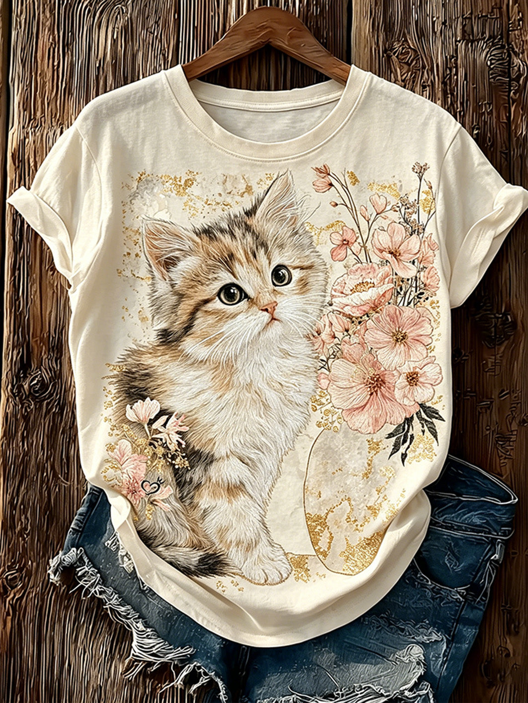 Women's cute cat pattern printed short-sleeved T-shirt