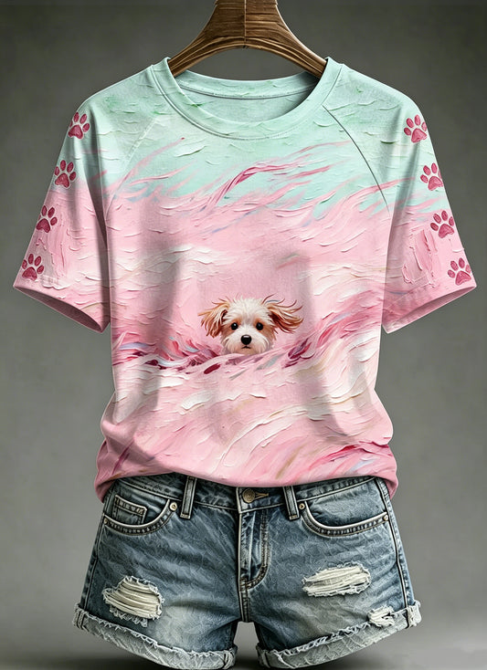 Women's Oil Painting Animals Dog Printed Vintage Fashion Loose Short Sleeve T-Shirt