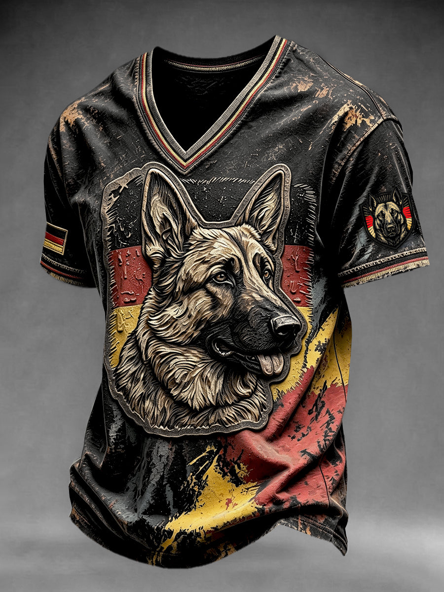 Men’s Retro Black German Flag German Shepherd Print Casual V-neck T-shirt
