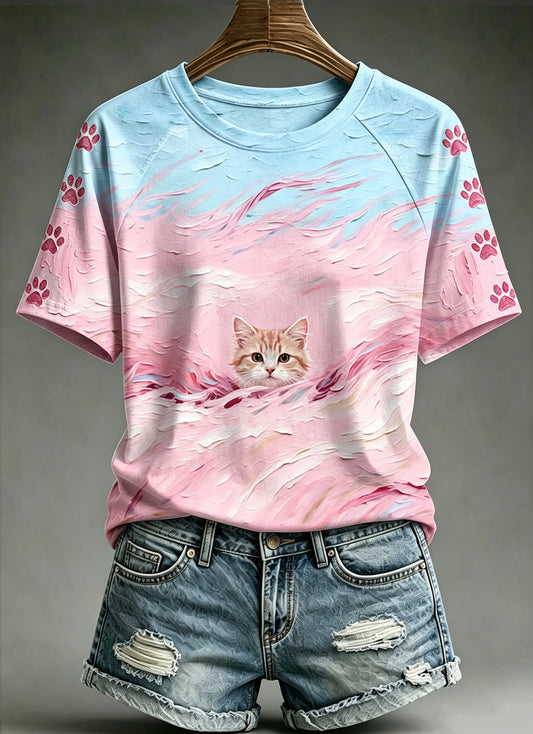 Women's Oil Painting Animals Cat Printed Vintage Fashion Loose Short Sleeve T-Shirt