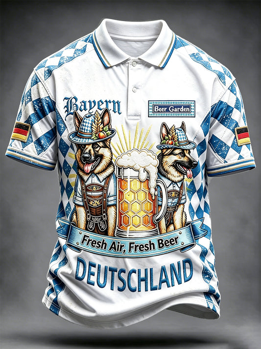 Men’s Bavarian Dog Beer Patchwork Print Casual Polo Shirt
