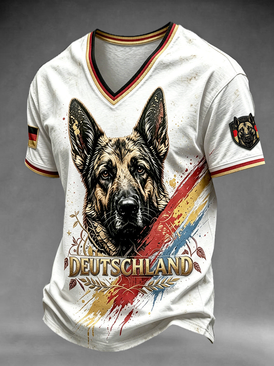 Men’s White German Flag German Shepherd Graffiti Print Casual V-neck T-shirt