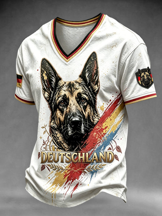 Men’s White German Flag German Shepherd Graffiti Print Casual V-neck T-shirt