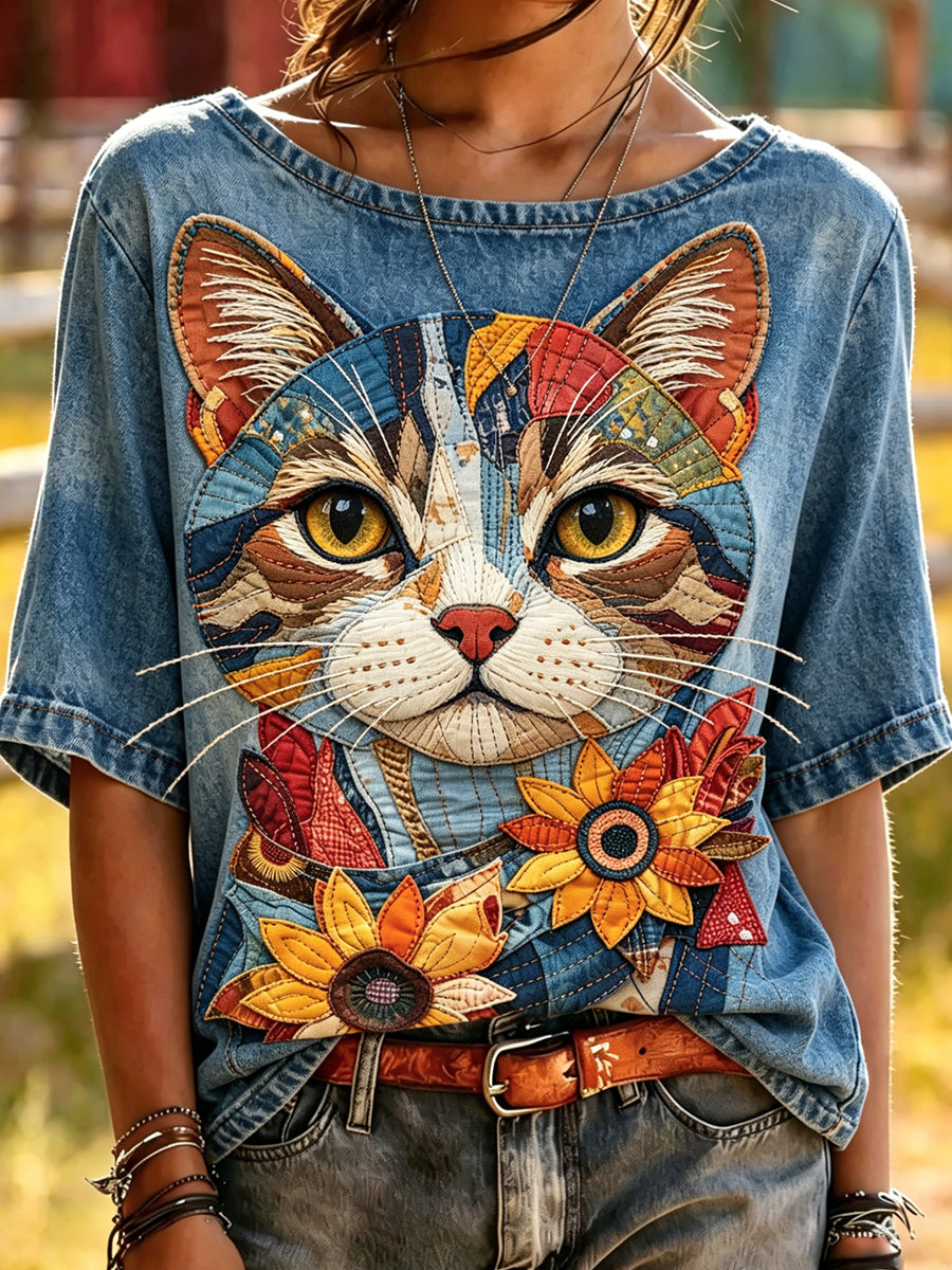 Women's Animal Cat Printed Vintage Fashion Loose Short Sleeve T-Shirt