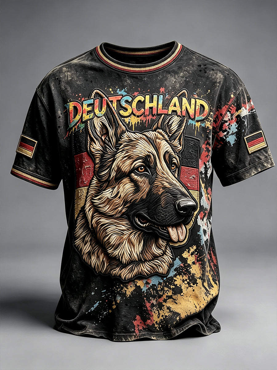 Men’s Black German Flag German Shepherd Graffiti Print Casual T-shirt