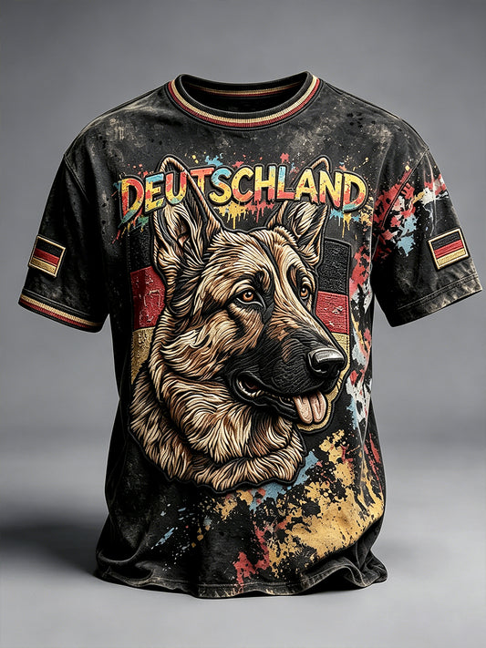 Men’s Black German Flag German Shepherd Graffiti Print Casual T-shirt